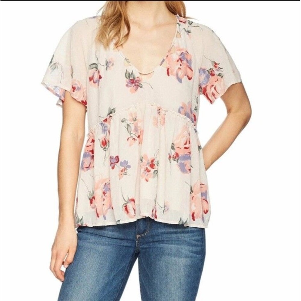 LUCKY BRAND Bohemian Floral Pleated Flutter short sleeves Crinkle Blouse M